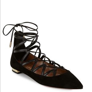 NEW Aquazzura Black Suede Maya Laceup Flats 36
